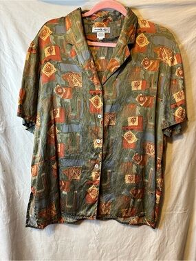 Nora Noh Olive Multi-Print Short-Sleeve Button Down Shirt